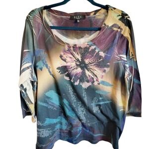 Bleu 1X Woman's‎ Brown Tan Green Patterned Blouse Shirt Sequined Beaded